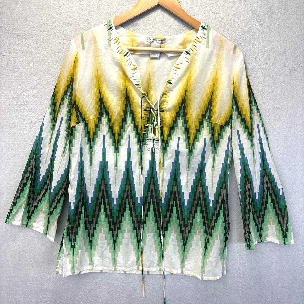 Alberto Makali Beaded Lightweight Tunic Blouse Womens Large Chevron 100% Cotton - Picture 1 of 8
